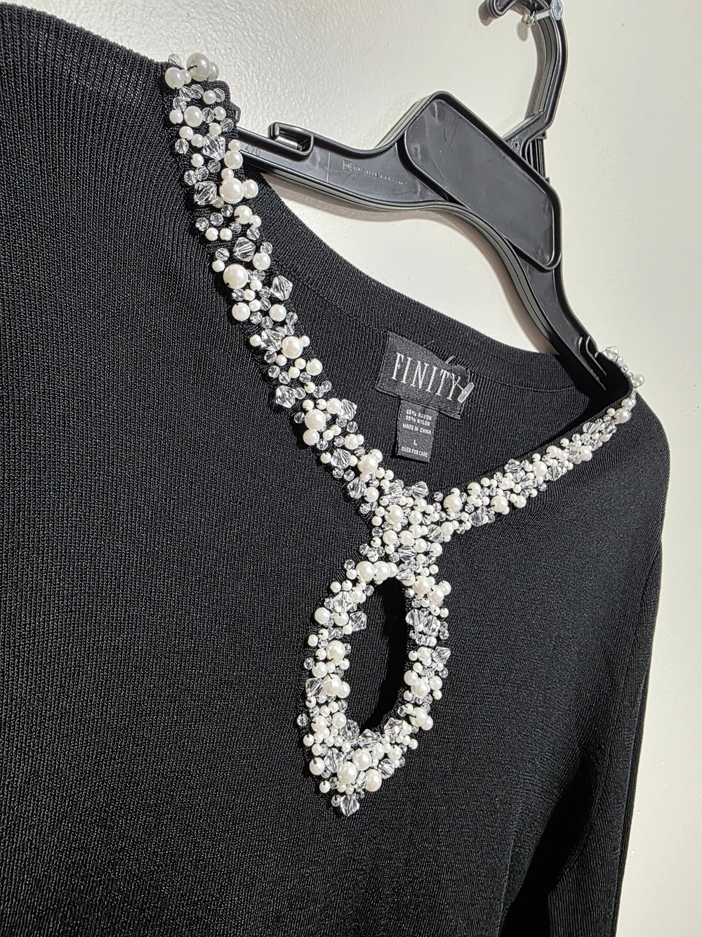 Finity Black Beaded Collar Long Sleeve Sweater Knit Top Rhinestone Pearl L NWT